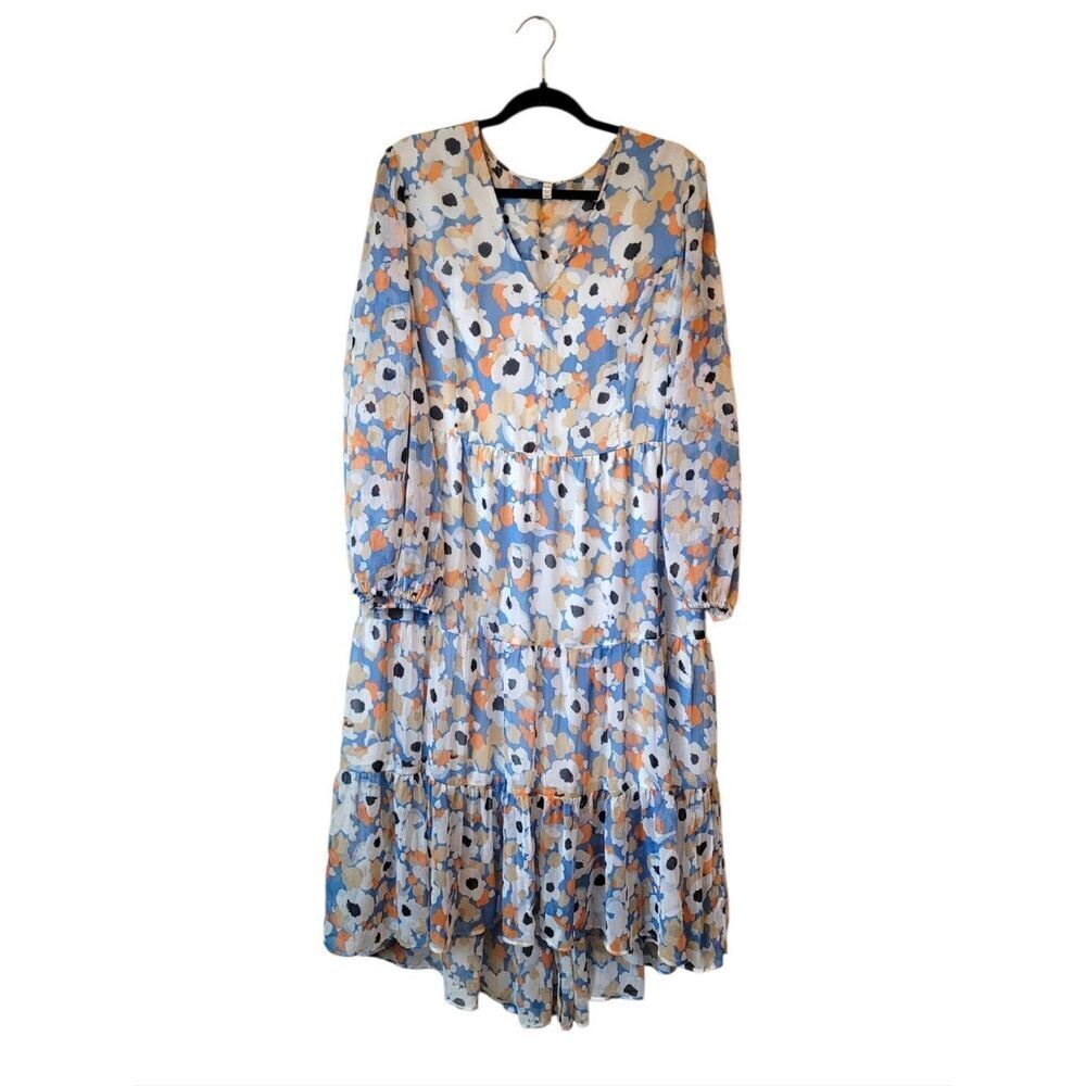 Joie Floral Tiered Long Sleeve Dress in Light Blue and Peach Size XL